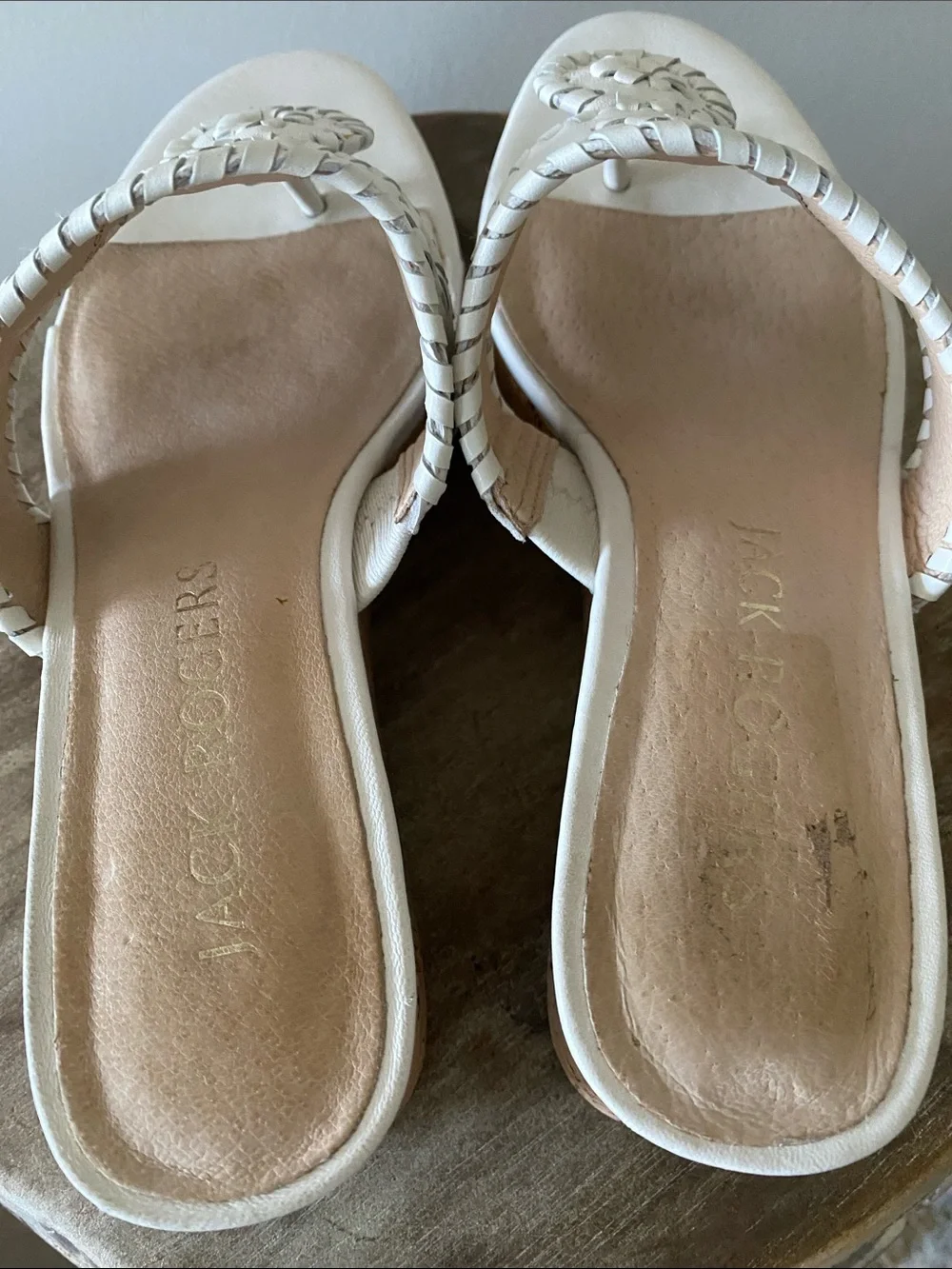 Jack Rogers White Leather Cork Thong Platform Sandals with Floral Stitching 7